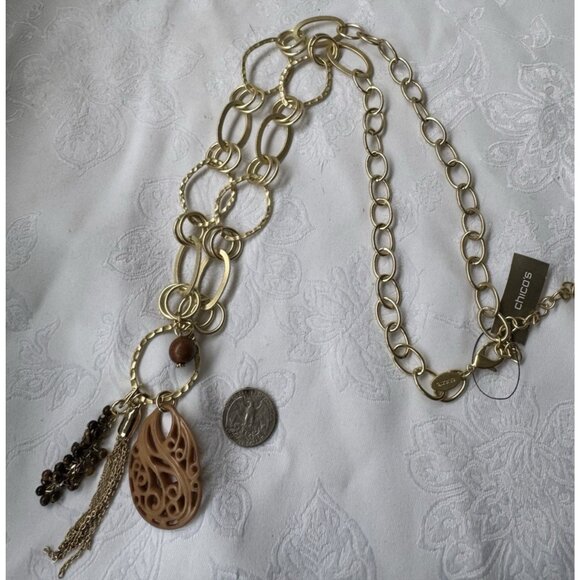 Chicos Gold Tone 20" Long Brown Bead Chain Tassel Statement Necklace NEW - Picture 8 of 16